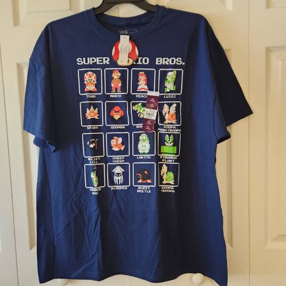 Super Mario Bros. Vintage Style Characters T-Shirt 2XL100% Cotton Blue Tee NWT - Picture 1 of 8